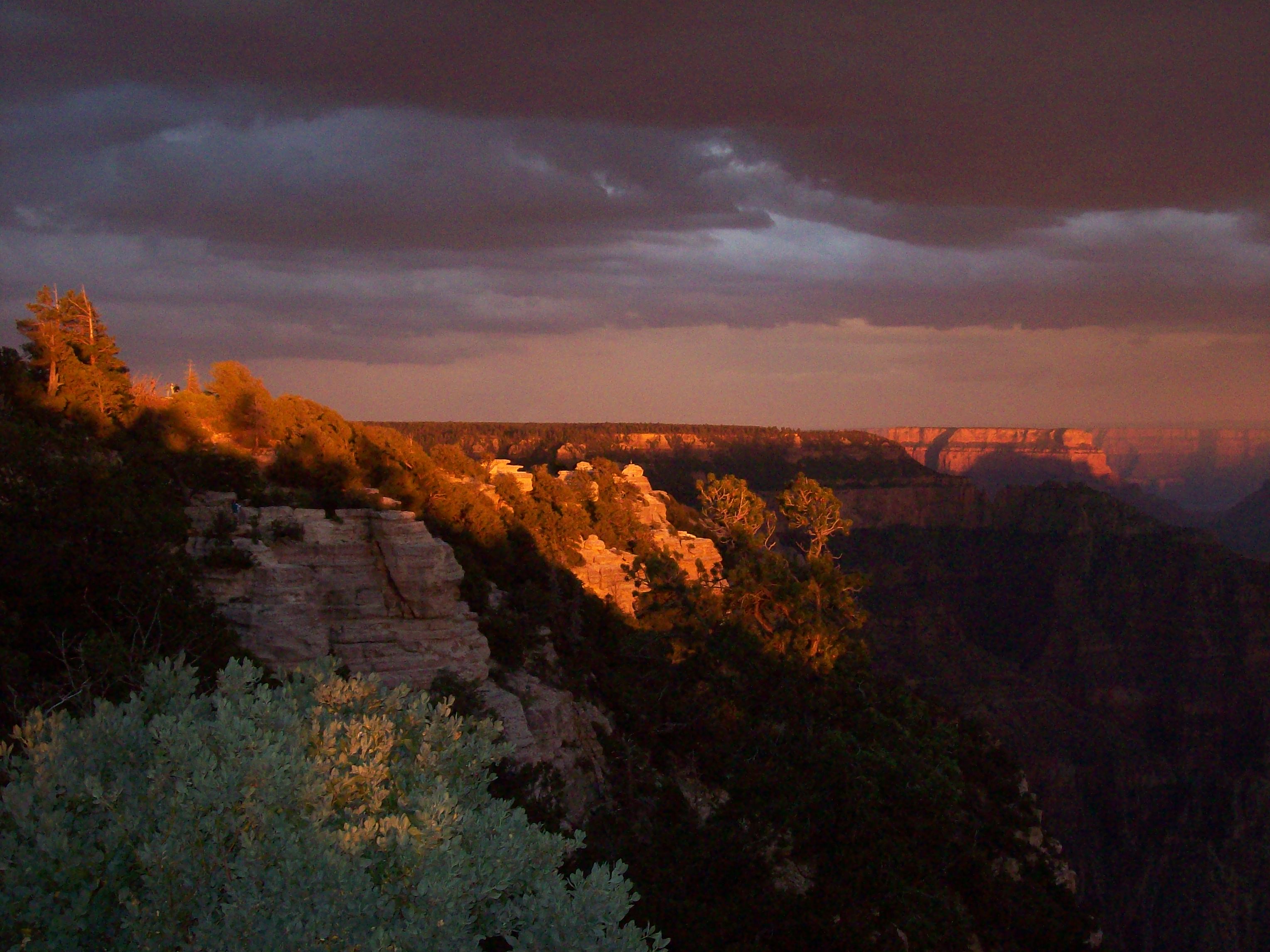 We want to leave our car at the north rim trailhead parking lot, so we can drive to the north rim lodge when we finish hiking out,. Grand Canyon National Park, North Rim Sunset over the canyon1